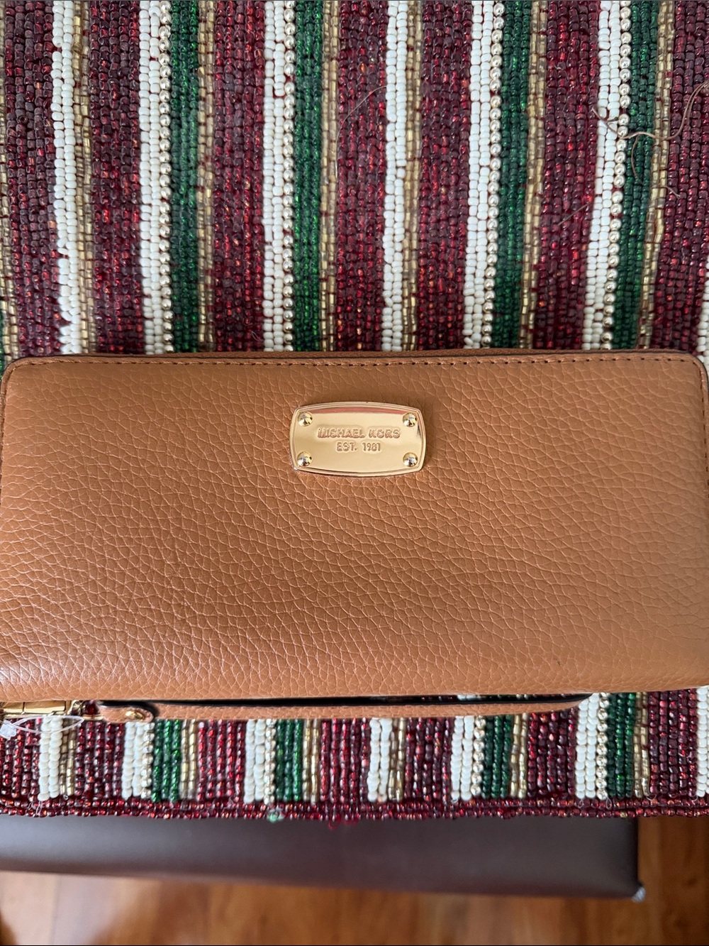 Michael Kors Brown Pebbled Leather Zip Wallet with Gold Plaque